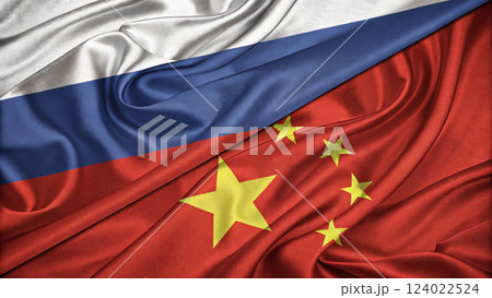 Close-Up of Waving Russian and Chinese Flags Together 124022524
