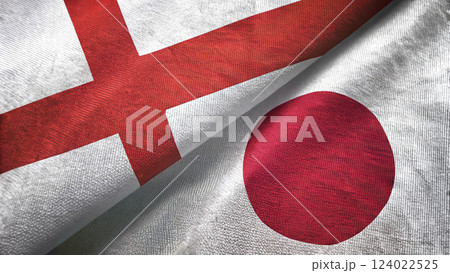 Close-Up of England and Japan Flags in Textured Fabric 124022525