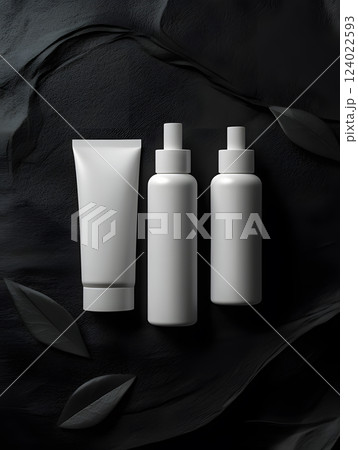 white cosmetic bottles on dark background. top view. package for product design, mockup 124022593