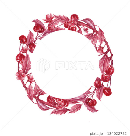 Circle frame with ripe cherry. Watercolor illustration. Red monochrome style. Hand drawn twigs isolated from the background with template inside. Perfect for packaging jam, tincture, liqueur, compote Circle frame with ripe cherry. Watercolor illustration. Red monochrome style. Hand drawn twigs isolated from the background with template inside. Perfect for packaging jam, tincture, liqueur, compote 124022782