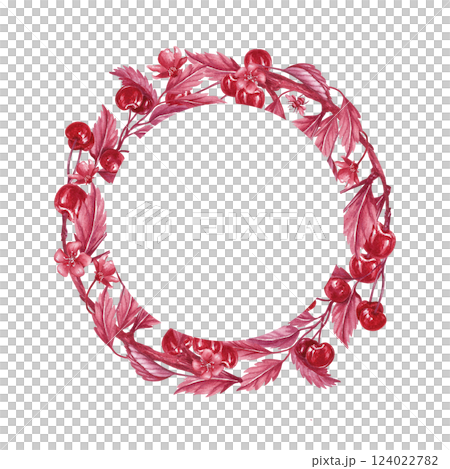 Circle frame with ripe cherry. Watercolor illustration. Red monochrome style. Hand drawn twigs isolated from the background with template inside. Perfect for packaging jam, tincture, liqueur, compote Circle frame with ripe cherry. Watercolor illustration. Red monochrome style. Hand drawn twigs isolated from the background with template inside. Perfect for packaging jam, tincture, liqueur, compote 124022782