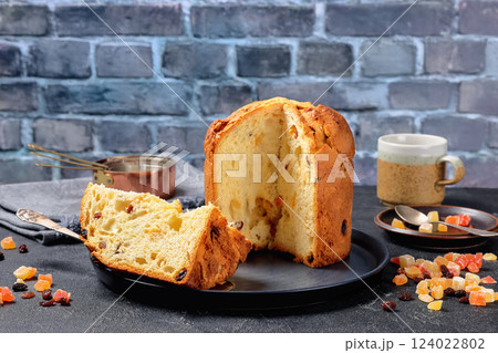 Panettone, sweet bread with raisins, top view 124022802