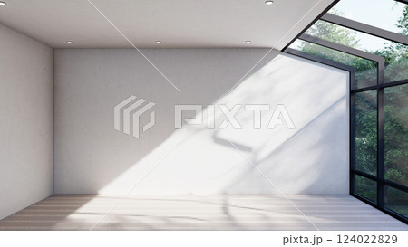 empty interior room shadow wall space background mock up architecture sunlight. empty home modern window light floor design apartment white house indoor. blank minimal concept backdrop bright clean. 124022829