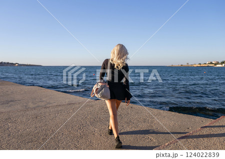Woman Walking Sea Pier Sunset Greece 124022839