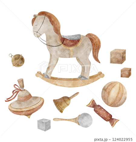 Watercolor set of vintage toys horse, candy, top, ball, bell, cubes. Children's hand-drawn illustration in retro style on isolated background for design of greeting cards invitations, labels, holidays Watercolor set of vintage toys horse, candy, top, ball, bell, cubes. Children's hand-drawn illustration in retro style on isolated background for design of greeting cards invitations, labels, holidays 124022955