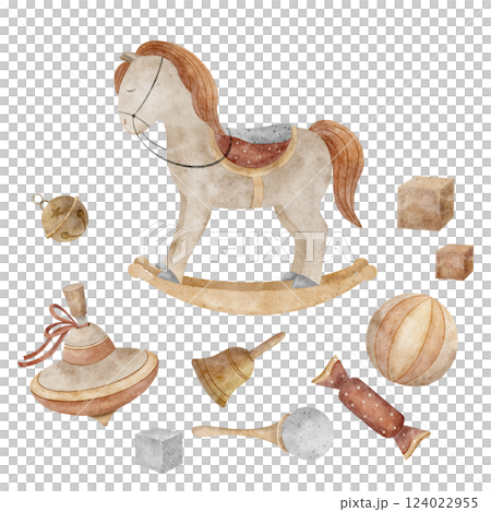 Watercolor set of vintage toys horse, candy, top, ball, bell, cubes. Children's hand-drawn illustration in retro style on isolated background for design of greeting cards invitations, labels, holidays Watercolor set of vintage toys horse, candy, top, ball, bell, cubes. Children's hand-drawn illustration in retro style on isolated background for design of greeting cards invitations, labels, holidays 124022955
