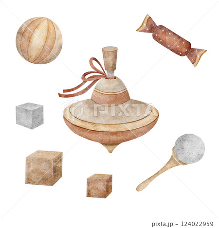 Set of toys top, whirligig, candy, ball, children's cubes for playing, baby rattle. Watercolor illustration hand drawn in retro style on isolated background. Elements for design of greeting cards 124022959