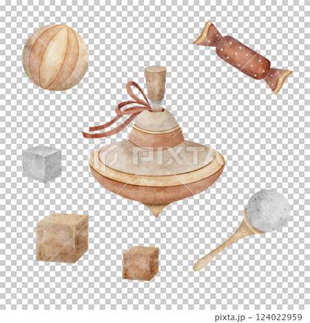 Set of toys top, whirligig, candy, ball, children's cubes for playing, baby rattle. Watercolor illustration hand drawn in retro style on isolated background. Elements for design of greeting cards 124022959