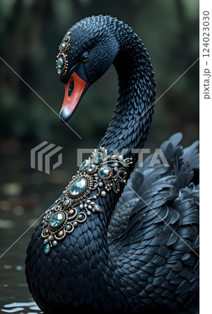 portrait of beautiful black swan in diamond presious necklace posing against lake. Digital art. Ai generated portrait of beautiful black swan in diamond presious necklace posing against lake. Digital art. Ai generated 124023030