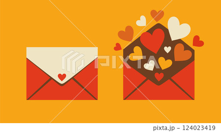 Love letters. Two envelopes with one heart and with many hearts inside. Heartwarming message concept, flat vector illustration. 124023419