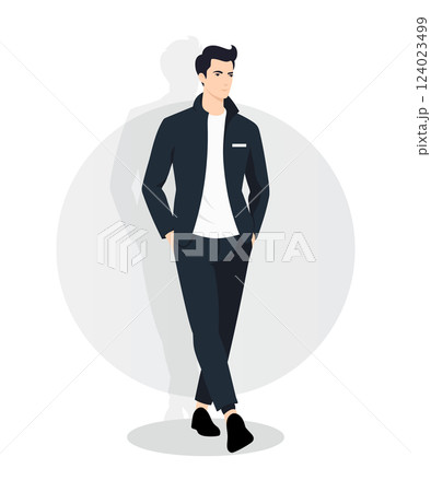 Elegant Young Man in a Navy Blue Suit and White Shirt for Formal Events Elegant Young Man in a Navy Blue Suit and White Shirt for Formal Events 124023499
