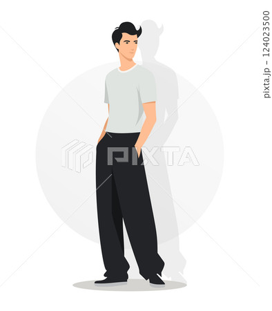 Minimalist Young Man in a Light Grey T-Shirt and Dark Pants with a Neutral Look 124023500