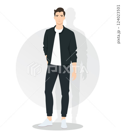 Casual Young Man in a Black and White Outfit with Sneakers in a Relaxed Stance Casual Young Man in a Black and White Outfit with Sneakers in a Relaxed Stance 124023501