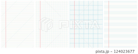 Set of realistic sheet of paper covers, templates, backgrounds. Striped geometric empty isolated notebooks. Blue line prints Set of realistic sheet of paper covers, templates, backgrounds. Striped geometric empty isolated notebooks. Blue line prints 124023677