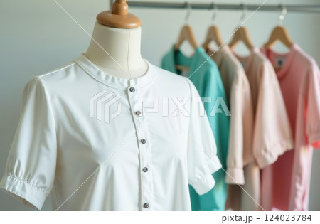 Close up of white blouse on dress form at tailor's studio and pastel clothes on a rack on background 124023784