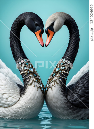 portrait of beautiful black and white swans in diamond presious necklace forming heart shape  against turquoise background.  Digital art. Ai generated 124024669
