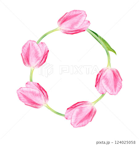 Tulip watercolor wreath isolated on white. Hand painted delicate pink flower, eco design. High quality clip art perfect for mother's day, women's day cards, posters, banners, decor and design. Frame 124025058