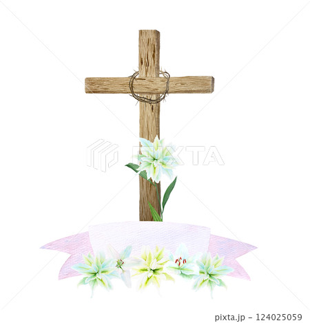 Wooden cross, crown of thorns and lilies with empty banner watercolor composition isolated on white. Template perfect for Easter, Passover, Holy Thursday, christening baptism, wedding cards decor Wooden cross, crown of thorns and lilies with empty banner watercolor composition isolated on white. Template perfect for Easter, Passover, Holy Thursday, christening baptism, wedding cards decor 124025059