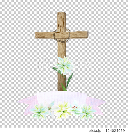 Wooden cross, crown of thorns and lilies with empty banner watercolor composition isolated on white. Template perfect for Easter, Passover, Holy Thursday, christening baptism, wedding cards decor Wooden cross, crown of thorns and lilies with empty banner watercolor composition isolated on white. Template perfect for Easter, Passover, Holy Thursday, christening baptism, wedding cards decor 124025059