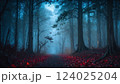 magical spooky dark forest scene featuring tall trees, a serene stream, and glowing orbs evoking mystique and tranquility, perfect for fantasy or nature themed projects 124025204