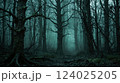 magical spooky dark forest scene featuring tall trees, a serene stream, and glowing orbs evoking mystique and tranquility, perfect for fantasy or nature themed projects 124025205