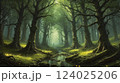 magical spooky dark forest scene featuring tall trees, a serene stream, and glowing orbs evoking mystique and tranquility, perfect for fantasy or nature themed projects 124025206