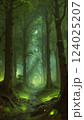 magical spooky dark forest scene featuring tall trees, a serene stream, and glowing orbs evoking mystique and tranquility, perfect for fantasy or nature themed projects 124025207