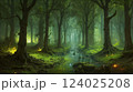 magical spooky dark forest scene featuring tall trees, a serene stream, and glowing orbs evoking mystique and tranquility, perfect for fantasy or nature themed projects 124025208