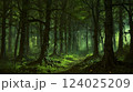 magical spooky dark forest scene featuring tall trees, a serene stream, and glowing orbs evoking mystique and tranquility, perfect for fantasy or nature themed projects 124025209