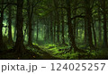 magical spooky dark forest scene featuring tall trees, a serene stream, and glowing orbs evoking mystique and tranquility, perfect for fantasy or nature themed projects 124025257