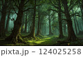 magical spooky dark forest scene featuring tall trees, a serene stream, and glowing orbs evoking mystique and tranquility, perfect for fantasy or nature themed projects 124025258