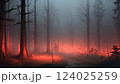 magical spooky dark forest scene featuring tall trees, a serene stream, and glowing orbs evoking mystique and tranquility, perfect for fantasy or nature themed projects 124025259