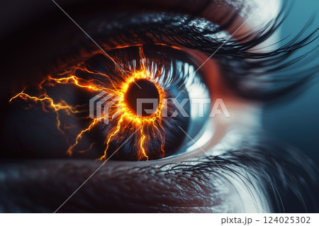 Macro photo of blue human eye with fiery lightning inside. Thunderstorm inside woman eye. 124025302