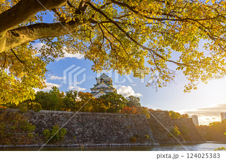 Landscape view of Osaka Castle main keep during autumn season at Osaka ,Japan 124025383