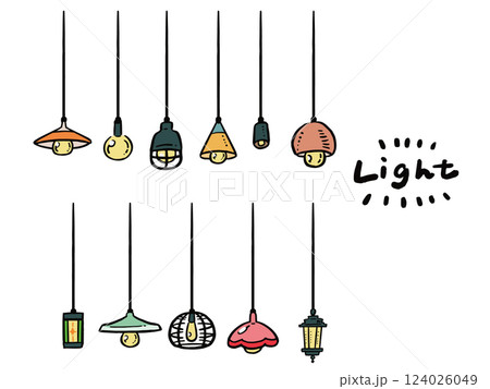 吊るし電気スタンド、ライトの手描き風イラストセット 124026049