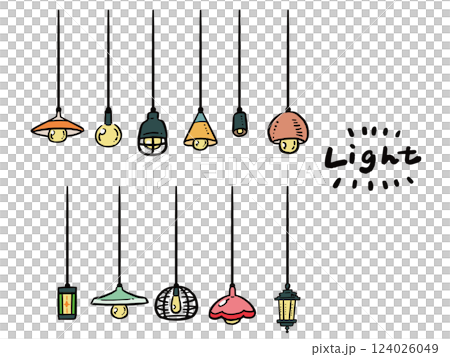 吊るし電気スタンド、ライトの手描き風イラストセット 124026049