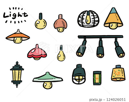 いろいろな電気、電灯、ランプの手描き風イラストセット 124026051