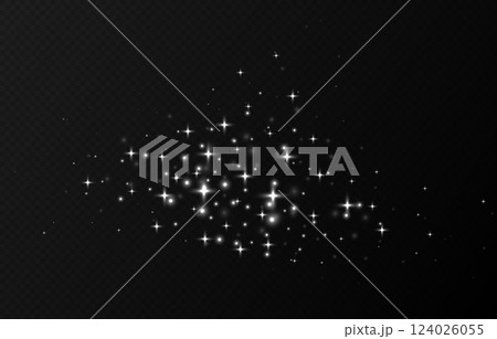 White sparkling stars, shiny particles light effect, transparent flying stardust texture 124026055