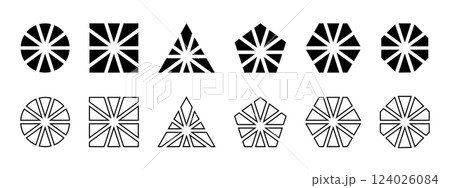 Basic geometric shapes divided into sectors. Round, square and triangle, pentagon, hexagon and octagon forms cut in 10 equal parts. Simple diagrams, business pie charts. Vector graphic illustration 124026084