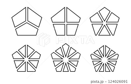 Pentagon shapes divided into 3, 4 and 6, 8, 10 and 12 fractions isolated on white background. Basic geometric form cut in equal segments. Simple diagrams, business charts. Vector graphic illustration Pentagon shapes divided into 3, 4 and 6, 8, 10 and 12 fractions isolated on white background. Basic geometric form cut in equal segments. Simple diagrams, business charts. Vector graphic illustration 124026091