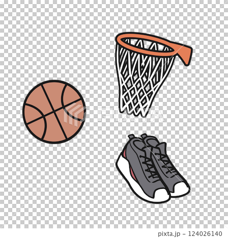 Illustration of basketball, basketball shoes, and basketball goal 124026140