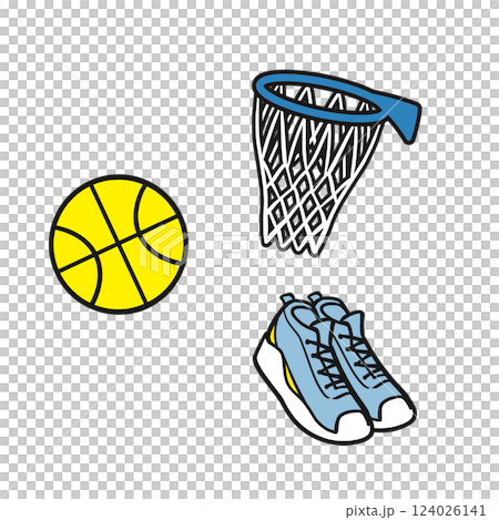 Illustration of basketball, basketball shoes, and basketball goal (simple) 124026141
