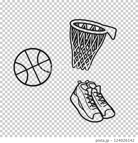 バスケットボール・バスケットシューズ・バスケットゴールのイラスト（線画） 124026142