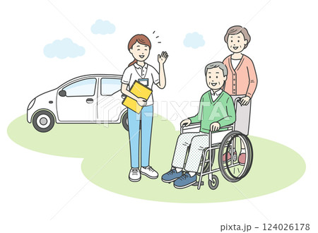 外で会話をする介護福祉士かケアマネージャーの女性と車椅子に座る高齢男性と高齢女性のイラスト 124026178