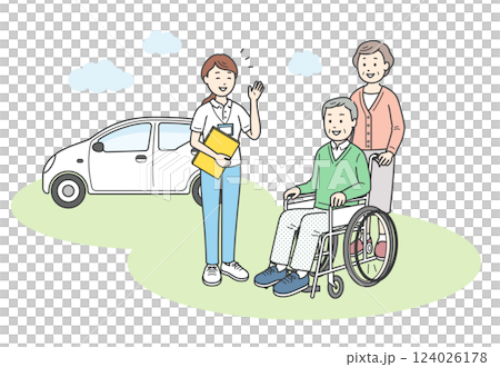 外で会話をする介護福祉士かケアマネージャーの女性と車椅子に座る高齢男性と高齢女性のイラスト 124026178