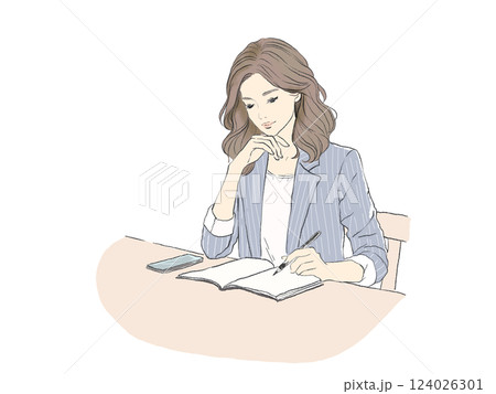 仕事に集中する女性ビジネスシーン手書きメモ 124026301