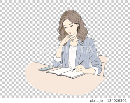 仕事に集中する女性ビジネスシーン手書きメモ 124026301