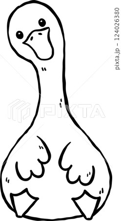 Cute Silly Goose Black and White Outline Front sitting Cartoon Hand Drawn Doodle 124026380