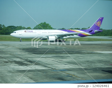 ミャンマー　ヤンゴン空港に到着したタイ航空A330 124026461