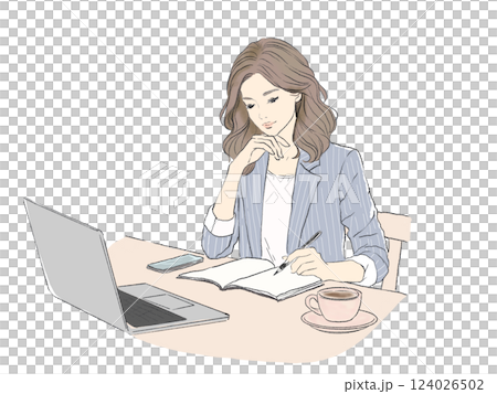 仕事に集中する女性 デスクワーク ノートとPCを活用 仕事に集中する女性 デスクワーク ノートとPCを活用 124026502